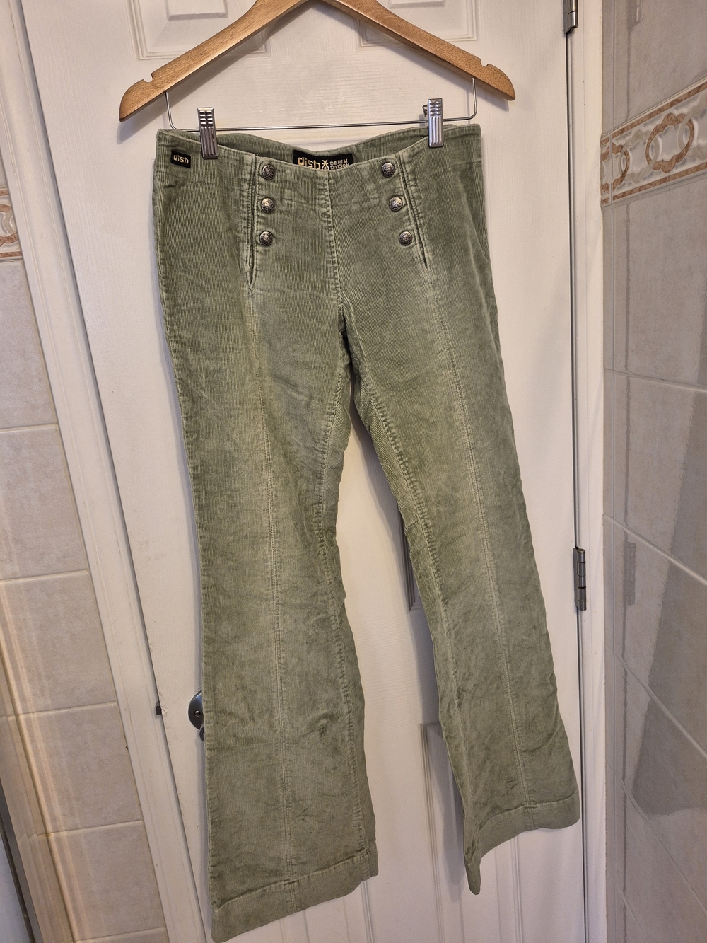 Y2K 2000's Olive Green Corduroy Flare Jeans with Button Detail LOW RISE!